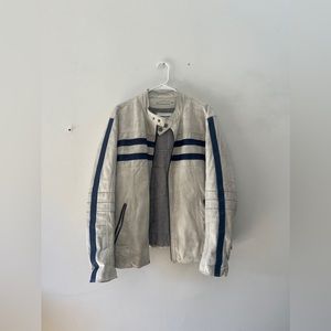 White Leather Jacket with Blue Stripes